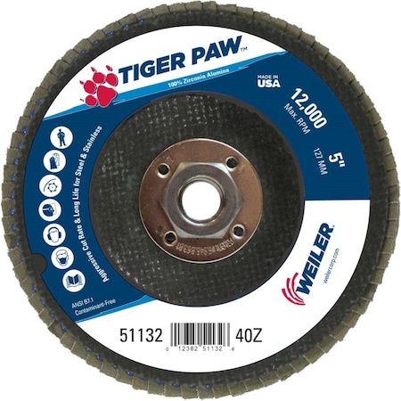 Weiler 5" Tiger Paw Abrasive Flap Disc, Conical (TY29), 40Z, 5/8"-11 UNC 51132
